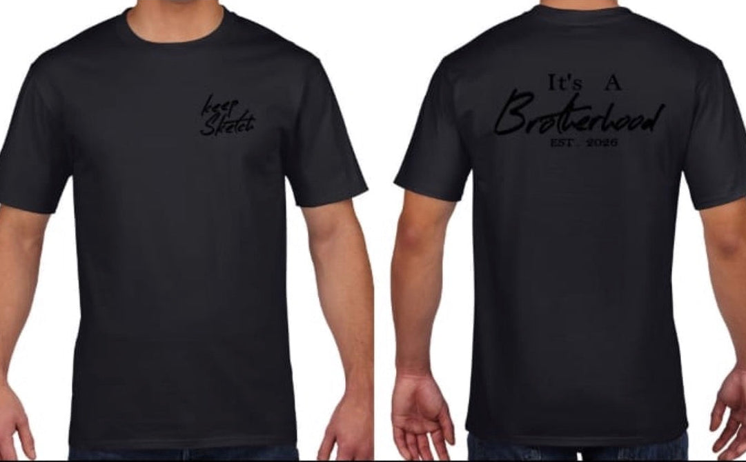 Black short-sleeve t-shirt shown on a model from both front and back views. The front features a small black script logo on the left chest, and the back features a larger black script logo reading 'It's A Brotherhood EST.